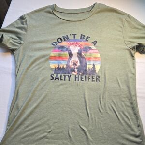 Heather Green Graphic Tee with Cow Print